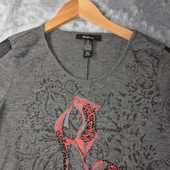 Style & Co. Women's S Grey High Low Beaded Shirt Red Ruby Slipper Witchy - Picture 6 of 8